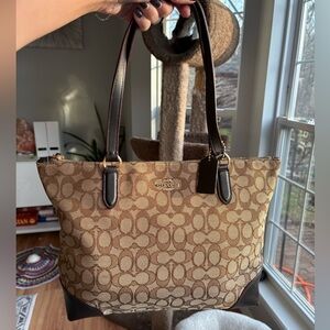 Coach Tan Signature Jacquard Zip Tote model F29958 bag purse